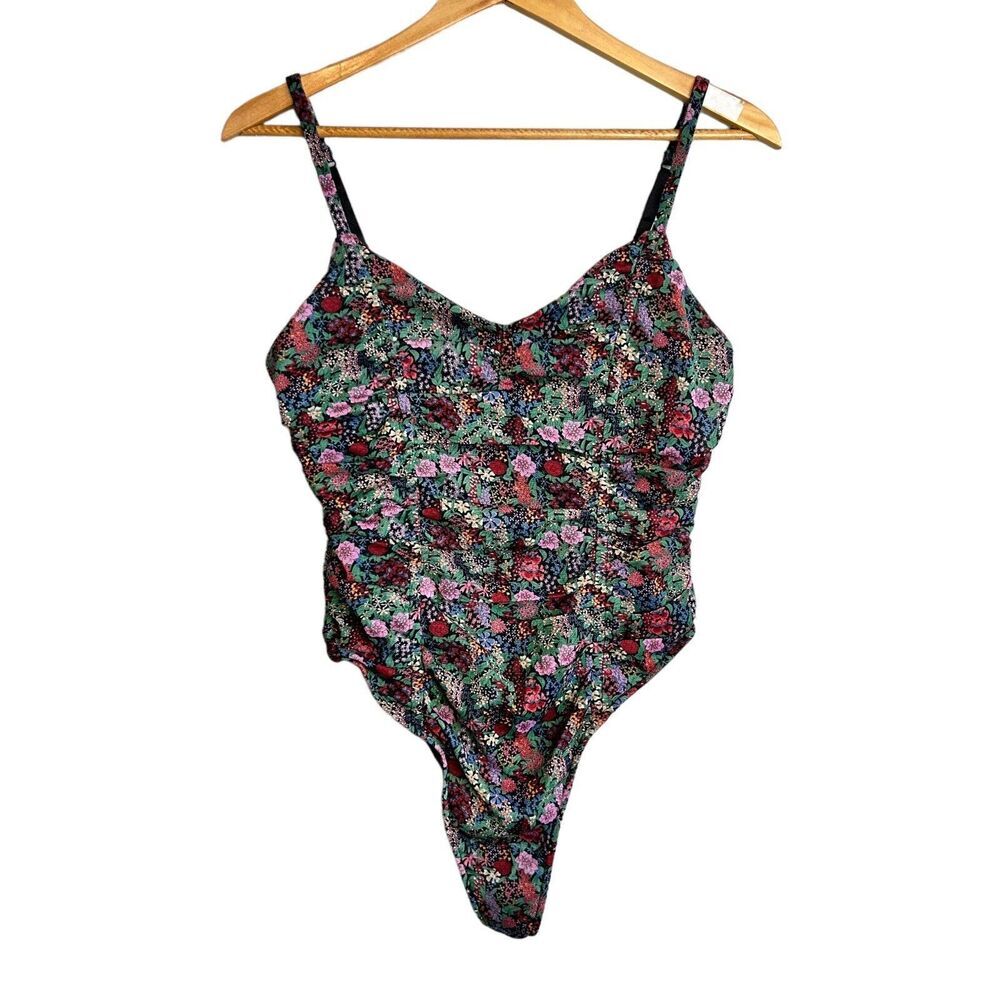 ISALIS BODYSUIT Womens Medium Black Green Pink Floral Print Ruched Tank Top